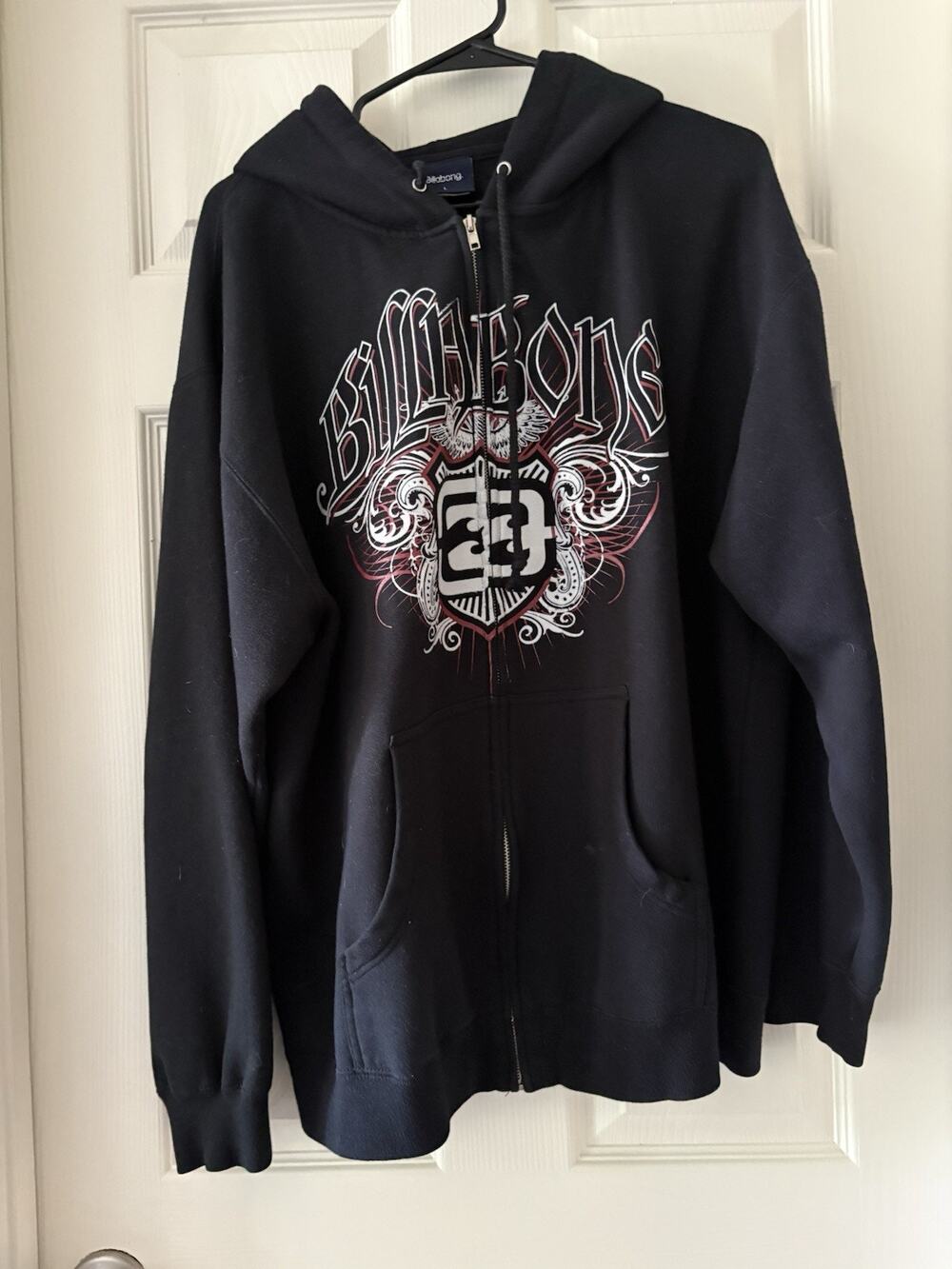 Billabong Vintage Men's Black Graphic Full Zip Hoodie Large Y2K Skate Streetwear